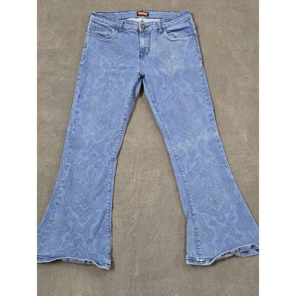 Run & Fly Jeans Womens 32S Blue Mid Rise Flared Leg Disco Paisley Bell Bottom - Picture 1 of 5